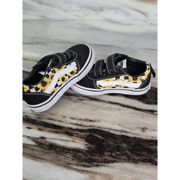 Vans Old Skool V Toddler Sunflower Checkerboard Black Sneakers Size 7.0 US - Picture 2 of 11
